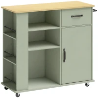 HOMCOM Desserte de cuisine à roulettes, îlot central cuisine avec tiroir, porte, compartiments ouverts et porte-épices, vert(m-1)