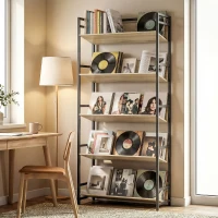 HOMCOM Bookshelf 5-Tier Metal Frame Bookcase Storage Shelves for Living Room Oak(m-2)
