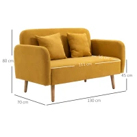 HOMCOM Sofá 2 lugares com 2 almofadas decorativas, Loveseat pequeno com acabamento em veludo, Sofá estofado moderno para sala de estar, quarto, espaços pequenos, Amarelo 130 x 70 x 80 cm(m-3)
