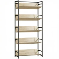 HOMCOM Bookshelf 5-Tier Metal Frame Bookcase Storage Shelves for Living Room Oak(m-1)