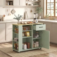 HOMCOM Desserte de cuisine à roulettes, îlot central cuisine avec tiroir, porte, compartiments ouverts et porte-épices, vert(m-10)