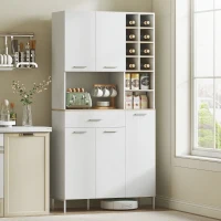 HOMCOM Armário de cozinha com prateleiras abertas, compartimentos, suporte para vinhos, despensa com 5 portas, MDF, Branco(m-2)