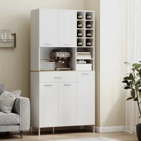 HOMCOM Armário de cozinha com prateleiras abertas, compartimentos, suporte para vinhos, despensa com 5 portas, MDF, Branco(m-4)