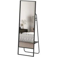 HOMCOM Espelho de corpo inteiro, design industrial, prateleira traseira, 2 ganchos, armação metálica, para quarto, 157 x 50 cm, Preto(m-6)