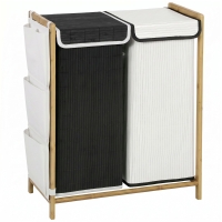 HOMCOM Cesto de Ropa Sucia con Tapa 120L de Bambú con 2 Compartimentos Bolsas con Cordón Bolsillos Laterales Blanco y Negro