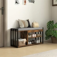 HOMCOM Shoe Storage with Seat, Upholstered Entryway Bench, Shoe Bench with 3 Open Shelves for Hallway, Rustic Brown(m-8)