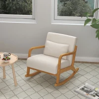 HOMCOM Cadeira de balanço com design retrô, madeira de seringueira, 64,5 cm x 92 cm x 81,5 cm, bege + castanho(m-2)