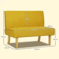 HOMCOM Sofá de dois lugares com revestimento cotelê, acolchoamento espesso e pés de madeira sólidos para sala de estar, quarto, escritório, amarelo(m-3)