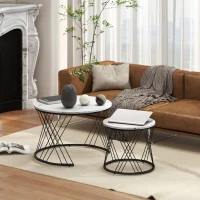 HOMCOM Conjunto de Mesas de Centro 2 peças Efeito Mármore Aglomerado Metal Mesas de Café Redondas para Sala de Estar Encaixáveis Branco(m-5)