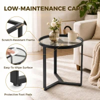 HOMCOM Round Side Table with Tempered Glass Top and Geometric Metal Frame for Small Space, Black(m-7)