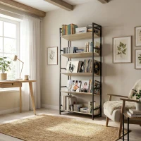 HOMCOM Bookshelf 5-Tier Metal Frame Bookcase Storage Shelves for Living Room Oak(m-10)