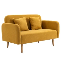 HOMCOM Sofá 2 lugares com 2 almofadas decorativas, Loveseat pequeno com acabamento em veludo, Sofá estofado moderno para sala de estar, quarto, espaços pequenos, Amarelo 130 x 70 x 80 cm(m-6)