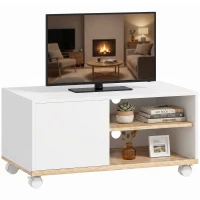 HOMCOM TV-Board auf Rollen mit Bremsen, TV-Möbel mit Schrank und verstellbarer Ablage, Weiß und Eiche(m-12)