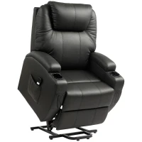 HOMCOM Poltrona de TV com ajuda elétrica para levantar, poltrona relax com função de deitar, controle remoto, porta-copos, bolso lateral, apoio para os pés, couro sintético, preto(m-1)