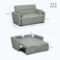 HOMCOM Sofá de 2 lugares com função cama, encosto ajustável, sofá estofado, visual em veludo, para sala de estar, quarto, cinza claro(m-3)