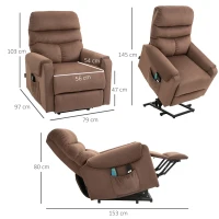 HOMCOM Poltrona de TV Elevatória Elétrica, Poltrona de Massagem com Função de Reclinar e Aquecimento, Poltrona Relax Ajustável com Controle Remoto e Bolso Lateral Tecido de Poliéster Marrom(m-3)