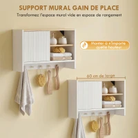 HOMCOM Armoire murale de salle de bain, meuble de rangement de salle de bains avec porte, étagères ouvertes et 5 crochets(m-5)