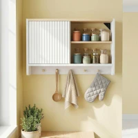 HOMCOM Armoire murale de salle de bain, meuble de rangement de salle de bains avec porte, étagères ouvertes et 5 crochets(m-9)