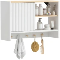 HOMCOM Armoire murale de salle de bain, meuble de rangement de salle de bains avec porte, étagères ouvertes et 5 crochets(m-12)