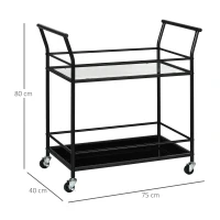 HOMCOM Carrinho de cozinha com 4 rodas, 2 prateleiras e pegas, 75 cm x 40 cm x 80 cm, preto(m-3)
