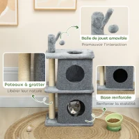 PawHut Arbre à chat à 3 niveaux tour pour chat 2 niches et surface de repos confortable, balle 43 x 33 x 80 cm gris foncé(m-6)
