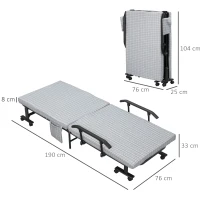 HOMCOM Cama dobrável, Cama de hóspedes, encosto reclinável, apoios de braço, 8 rodízios, estrutura de aço, cinza claro+preto, 190 x 76 x 33cm(m-3)