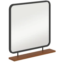 HOMCOM Espelho de parede com prateleira, design vintage, estrutura metálica, madeira paulownia, 55 x 55,5 cm, Preto/Madeira(m-6)