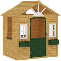 AIYAPLAY Cabane enfant extérieur en bois, maison enfant extérieure avec porte, fenêtres, 2 bacs à fleurs, 134,5x97x150cm, marron(m-1)