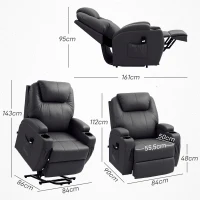 HOMCOM Poltrona de TV com ajuda elétrica para levantar, poltrona relax com função de deitar, controle remoto, porta-copos, bolso lateral, apoio para os pés, couro sintético, preto(m-3)