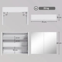 HOMCOM Bathroom Mirror Cabinet, 3-Tier Wall Mount Bathroom Storage Cabinet with Soft-Close Hinges and Adjustable Shelf, Double Door Cupboard, 70 x 15 x 60 cm, White(m-3)
