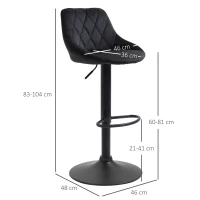 HOMCOM Conjunto 2 Banquetas de Bar Altura Ajustável Giratórias, Banquetas com Aparência aveludada, Assento com Encosto, Capitonnê em Diamante e Apoio para Pés para Bar, Balcão, Sala de Jantar, Aço Preto(m-3)