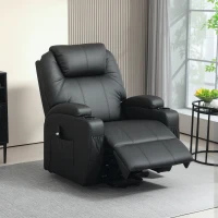 HOMCOM Poltrona de TV com ajuda elétrica para levantar, poltrona relax com função de deitar, controle remoto, porta-copos, bolso lateral, apoio para os pés, couro sintético, preto(m-6)