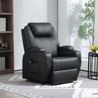 HOMCOM Poltrona de TV com ajuda elétrica para levantar, poltrona relax com função de deitar, controle remoto, porta-copos, bolso lateral, apoio para os pés, couro sintético, preto(m-5)