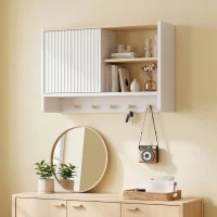 HOMCOM Armoire murale de salle de bain, meuble de rangement de salle de bains avec porte, étagères ouvertes et 5 crochets(m-8)