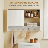 HOMCOM Armoire murale de salle de bain, meuble de rangement de salle de bains avec porte, étagères ouvertes et 5 crochets(m-7)