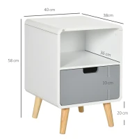 HOMCOM Mesa de cabeceira, design escandinavo, grande gaveta, acabamento resistente à água, 40 x 38 x 58 cm, Branco(m-3)