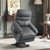 HOMCOM Poltrona de TV com Função de Elevação Elétrica, Poltrona de Massagem com Função de Deitar e Aquecimento, Poltrona Relax Ajustável com Controle Remoto e Bolso Lateral, Tecido de Poliéster Cinza Escuro(m-6)