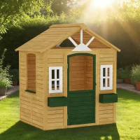 AIYAPLAY Cabane enfant extérieur en bois, maison enfant extérieure avec porte, fenêtres, 2 bacs à fleurs, 134,5x97x150cm, marron(m-2)