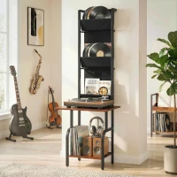 HOMCOM Vinyl Record Player Stand Record Storage with Player Stand Oxford Fabric Pockets Bottom Shelf Rustic Brown and Black(m-2)