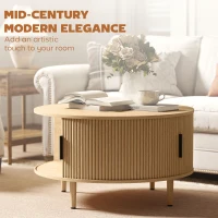HOMCOM Coffee Table with Lift Top and Hidden Storage, Round Centre Table with Fluted Sliding Door, 80 cm, Natural Wood(m-5)