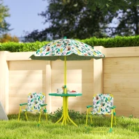 AIYAPLAY Conjunto de Mesa y Sillas Infantil de Jardín de 4 Piezas Sillas Plegables Sombrilla Desmontable Diseño de Jungla Verde(m-10)