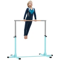 HOMCOM Gymnastik-Turnreck, Reckstange, 13-stufig höhenverstellbar, bis 75 kg belastbar, Stahl, Buchenholz, Hellblau(m-12)