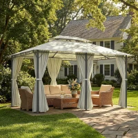 Outsunny 4m x 3(m)Garden Gazebo, Double Roof Outdoor Gazebo Canopy Shelter with Curtains, Solid Steel Frame for Lawn and Deck, Beige(m-2)
