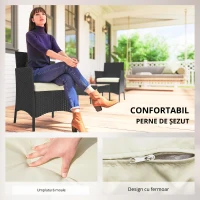 Outsunny Set Mobilier Grădină din Ratan Sintetic cu Canapea, Fotolii și Masă din Sticlă Securizată și Perne Negru și Crem(m-7)