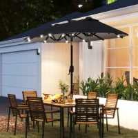 Outsunny Doppelschirm, Terrassenschirm, neigbar, mit Solarpaneel, 35 LEDs, Stahlrahmen, grau, 2,92 x 1,50 x 2,18 m(m-10)