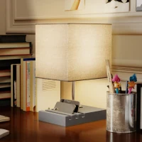 HOMCOM Bedside Lamp with USB A+C Charging Ports and 3 Phone Stands, Modern Table Lamp with Solid Wood Base and Fabric Shade for Bedroom Living Room Office, E27 Socket, Bulb Not Included, Grey(m-10)