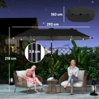 Outsunny Doppelschirm, Terrassenschirm, neigbar, mit Solarpaneel, 35 LEDs, Stahlrahmen, grau, 2,92 x 1,50 x 2,18 m(m-3)