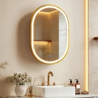 HOMCOM Armoire murale salle de bain avec miroir et éclairage LED, porte ovale, anti-buée, 50x14,5x70cm, doré(m-11)