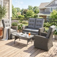 Outsunny 4 Piece Rattan Garden Furniture Set Outdoor Sofa Sectional Set with Glass Top Table for Poolside, Grey(m-12)