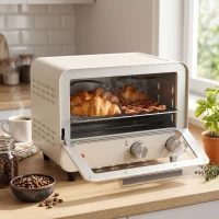 HOMCOM Mini Oven, Small Toaster Oven with Glass Door, Adjustable Temperature and Timer, Accessory Included, 750W, Cream White(m-8)